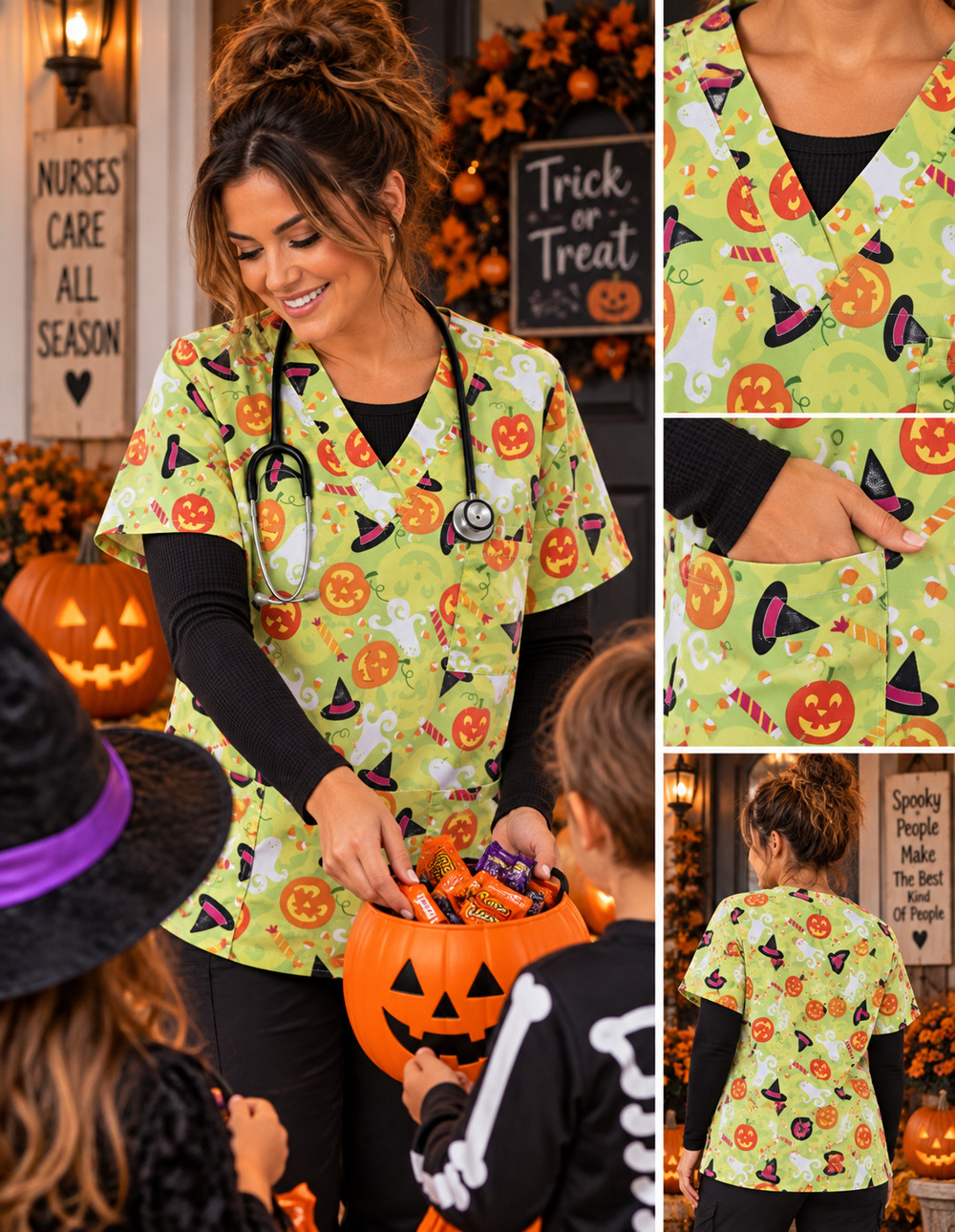 Cassandra O Halloween Scrub Top Womens M Pumpkins Ghosts Witch Hats 3 Pocket